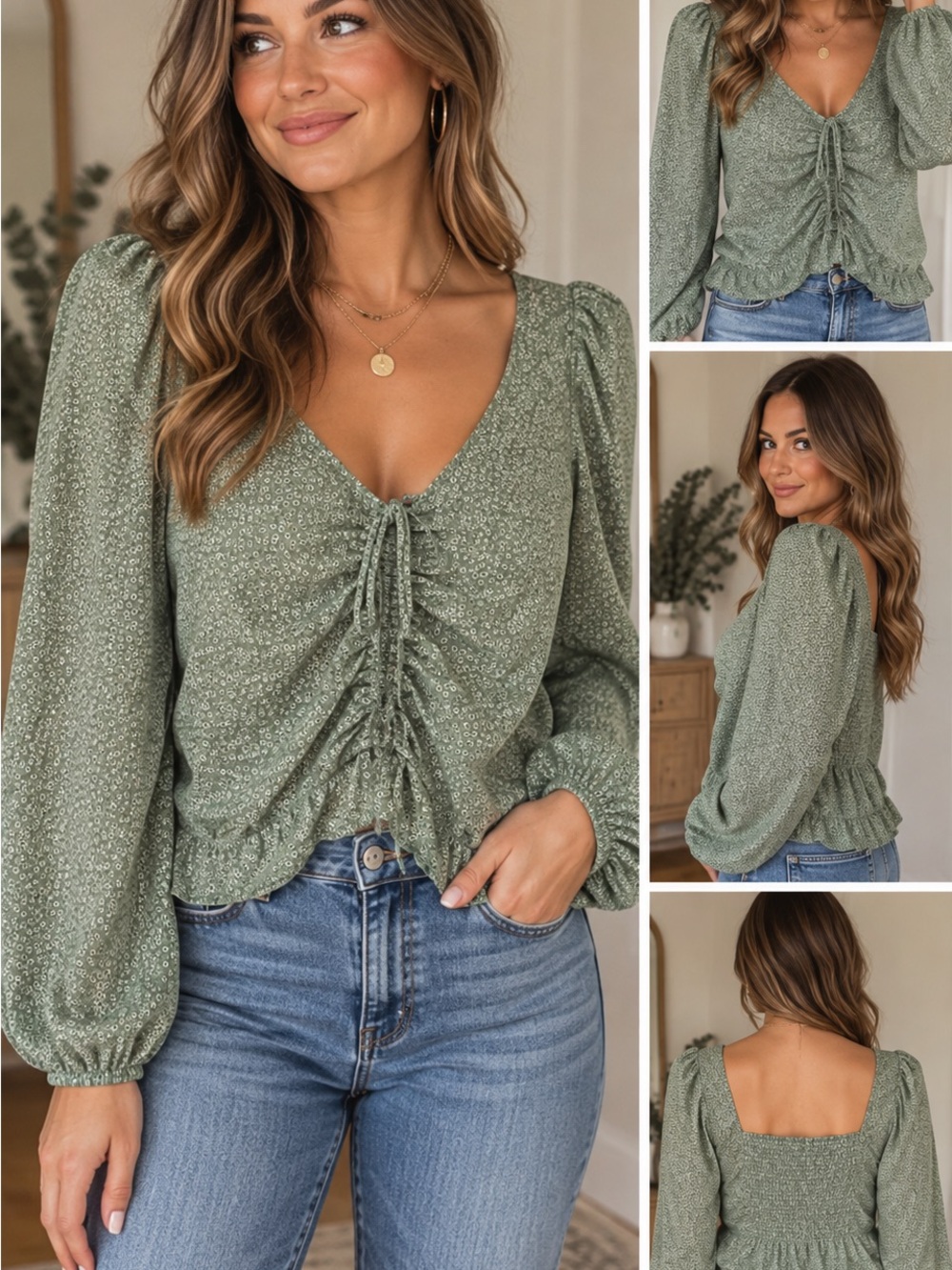 H&M Sage Green Ruched V-Neck Puff Sleeve Blouse